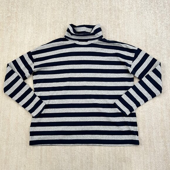J. Crew Deck Striped Blue and Gray Cotton Long Sleeve Turtleneck Knit Top L - Picture 1 of 9